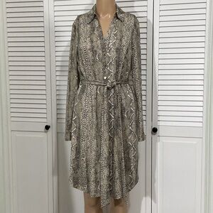 Snake Print Button-Front Shirt Dress in Taupe